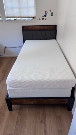 Gray Twin XL Bed Frame with Headboard Shelf, Metal Box Spring and Mattress