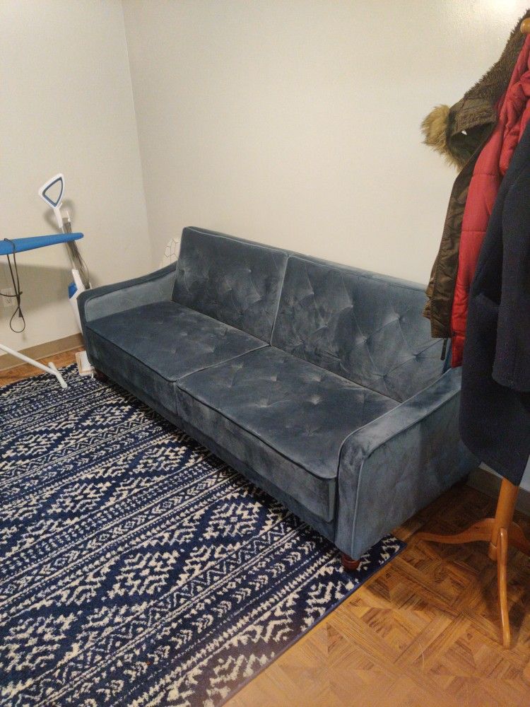 Vintage Tufted Blue Velvet Convertible Sofa Bed