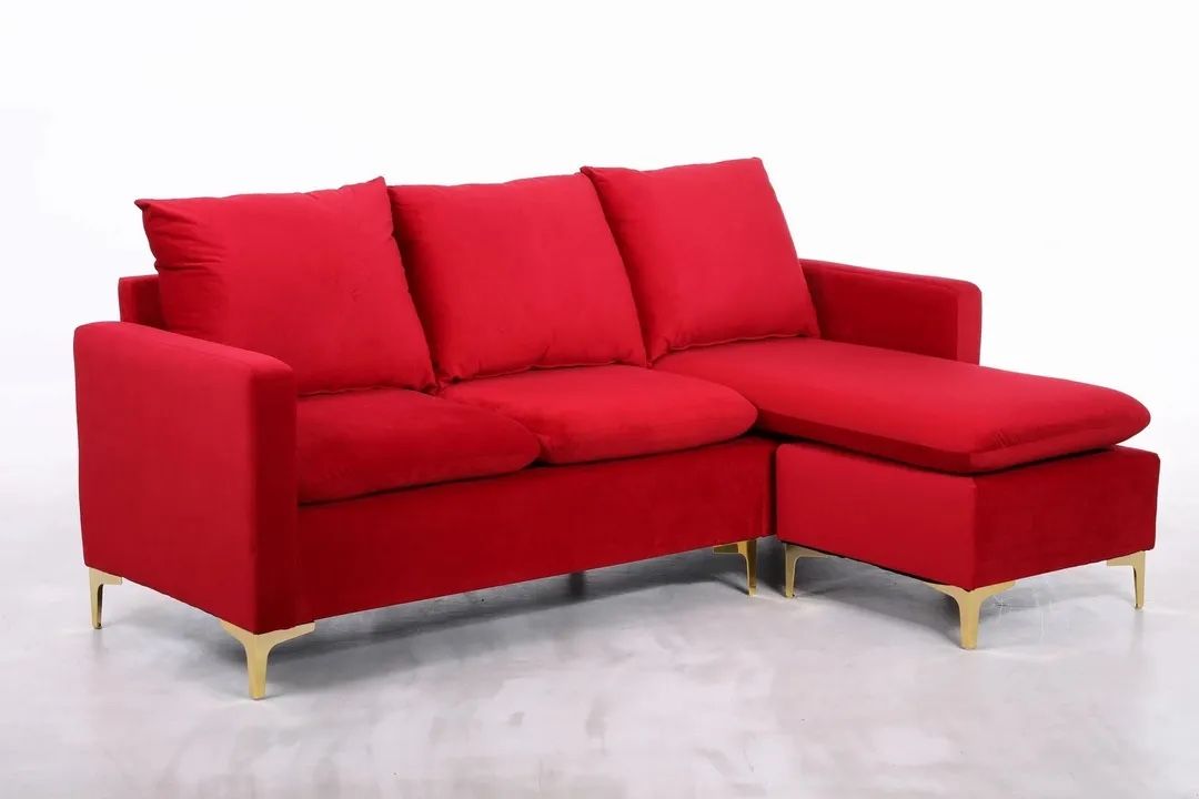 Red Velvet Sectional Sofa with Pillow Back and Movable Chaise - Red