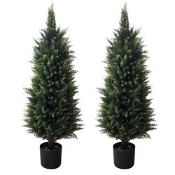 2 Pack 37 Inch Artificial Cedar Topiary Trees for Outdoor Front Porch Décor - UV Rated Fake Plants for Indoor and Outdoor Use, Potted Shr