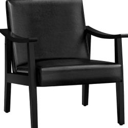 PU Leather Accent Chair, Mid-Century Modern Armchair with Solid Wood Legs, Reading Leisure Chair with High Back for Living Room Bedroom Waiting Room, 
