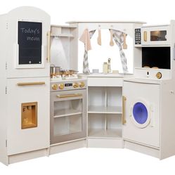 Large Wooden Corner Play Kitchen Set for Kids with Ice/Water/Bread Maker, Light & Sound Stove, Electronic Display, Washing Machine, Sink, Birthday G