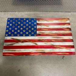 Rustic Wood American Flag Wall Display with a concealed storage box base behind it!