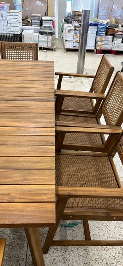 MAISON ARTS 9 pieces acacia wood outdoor dining set teak wooden table and dining chairs with wicker seat and back