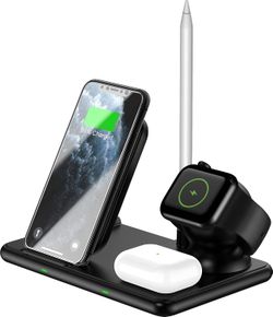 4 in 1 Wireless Charging Station for Apple Products - 15W Fast Wireless Charger for Apple iPhone, iWatch, Airpod with Adapter & iWatch Charging Cable