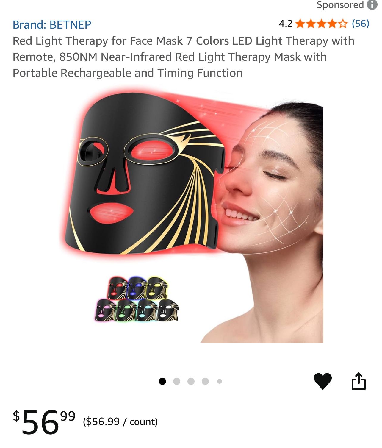BETNEP 7-Color LED Light Therapy Mask w/ Remote – Red Light + Infrared