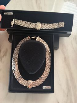 Vintage Sterling Silver Braided Mesh Cameo Necklace & Bracelet Set