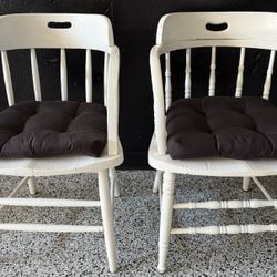 2 Antique Solid Wood Barrel Back Kitchen Chairs With Cushions