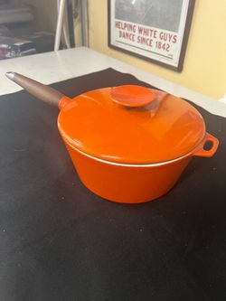 Vintage Orange Enamel Cast Iron Saucepan with Lid