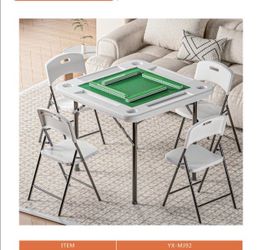 Mahjong Poker Game Square Folding Card Table with Felt Green Surface and Cup Holders, Portable Table for 4 Players