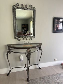 Ornate Wrought Iron Console Table and Mirror Set