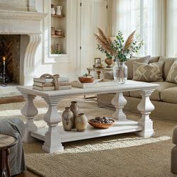 Solid Wood Coffee Table with Storage Shelf, White Washed Rustic Living Room Center Table - Wood