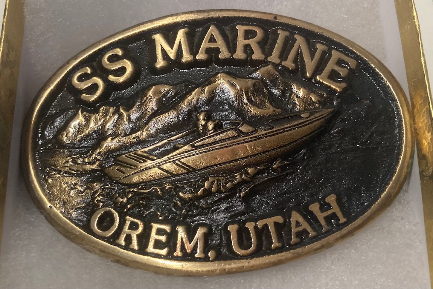 Vintage Metal Belt Buckle, Brass, SS Marine, Orem, Utah, Boats, Watercraft, Nice Western Design, 3 1/2" x 2 1/2", Heavy Duty, Quality, Thick Metal, Ma