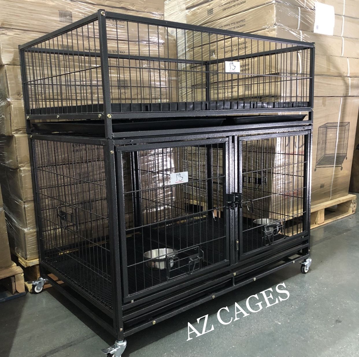 🦮🐕🦺 New Double Tier 42” Dog Kennel w/ Metal Floor, Bowls, Tray & Casters, Slide-In Divider, Whelping box 🐶 please see dimensions in second pictur