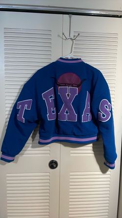 Texas Varsity Bomber Jacket Blue Purple, size large. Brand new.
