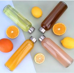 24oz Glass Water Bottle Set of 6, Leak Proof Clear glass juice bottle for juicing, Reusable Drinking Bottles with Stainless Steel Lid, Beverage Storag