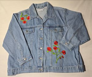 NorthWestBlue Women's 1X Floral Embroidered 3/4 Sleeve Denim Jacket