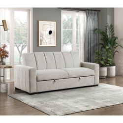 Brand new biege linen convertible sofa with pullout sofa (Opened sleeper: 67"x72"x20H")