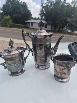 Antique Victorian  Silverplate Water Pitcher, Creamer Sugar set Barbour  Co 1847