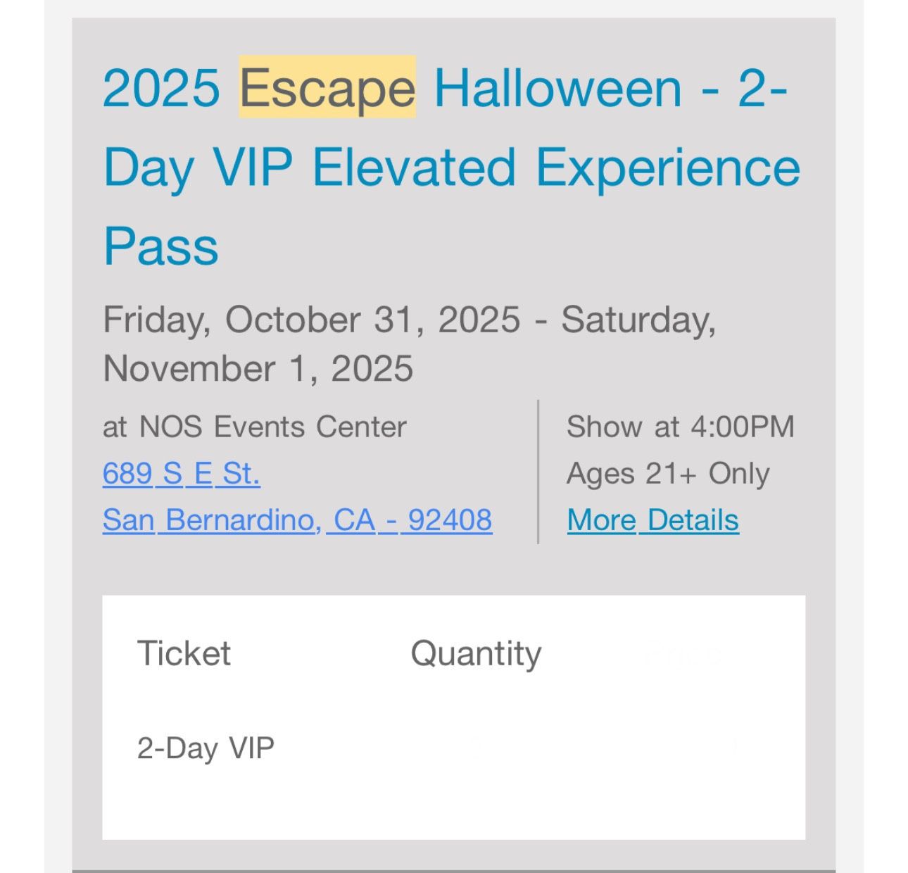 1 VIP Ticket / 2 Day Ticket For Escape 