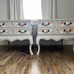 Refinished French Provincial Nightstands – Solid Wood – Custom Dove Gray Finish (Pair)