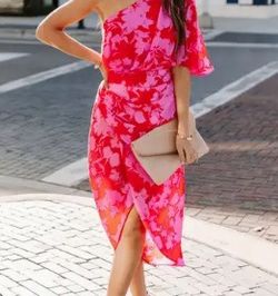 Dark Pink Floral Print One Shoulder Dress 