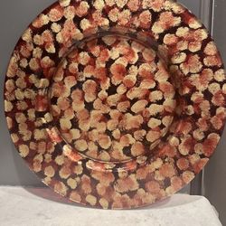 Vintage  Hand Painted 13" Dish Red/Gold Glass