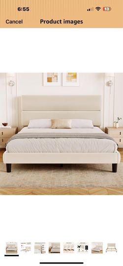 Queen Size Platform Bed Frame with Velvet Headboard, Adjustable Height Wooden Slats Support, Upholstered Mattress Foundation, Fits Mattress or Mattres