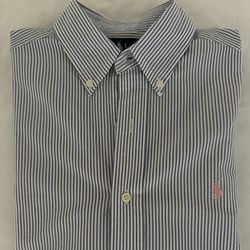 Men’s Ralph Lauren Blue and White Stripe Short Sleeve Shirt Medium