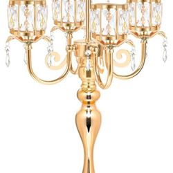 Gold 5 Arm Pendant Square Crystal Table Decor 22 inch Candle Holder, Classic and Elegant Table Centerpiece Atmosphere Candle Holders for Gift Wedding 