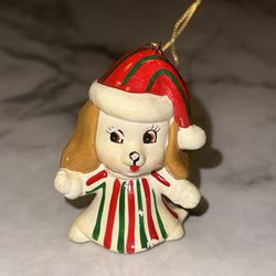 VINTAGE 1972 Lefton Exclusives Christmas Dog Ornament Puppy Sri Lanka hat 3"