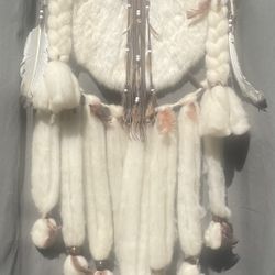 Large Vintage 41" Southwestern Wool & Fur Mandella shield Wall Hanging Native American