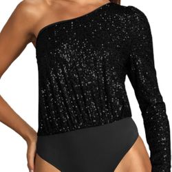 Women's Sexy Fashion Long Sleeve One Shoulder Sequin Sparkle Bodysuit Top Glitter Bodysuit Shirt Clubwear Party