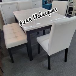✅️✅️ 5 pc dark finish wood faux marble top  rectangular dining table set with bench ✅️✅️