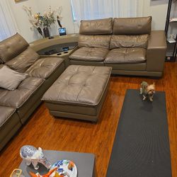 Toupe Leather Couch With Built In Soundbar