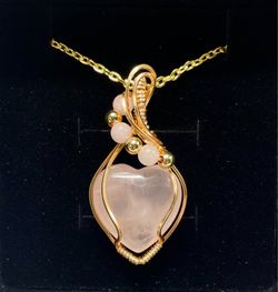 Rose Quartz Heart Pendant | Hand-Wrapped Gold Tone Wire Necklace