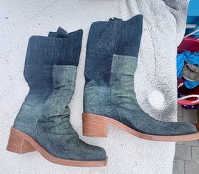 CHANEL Denim Patchwork Mid-Calf Boots Women’s Size 38.5 Made in Italy