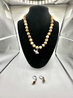 16" Stone Beaded Picture Jasper Necklace and Matching Earrings