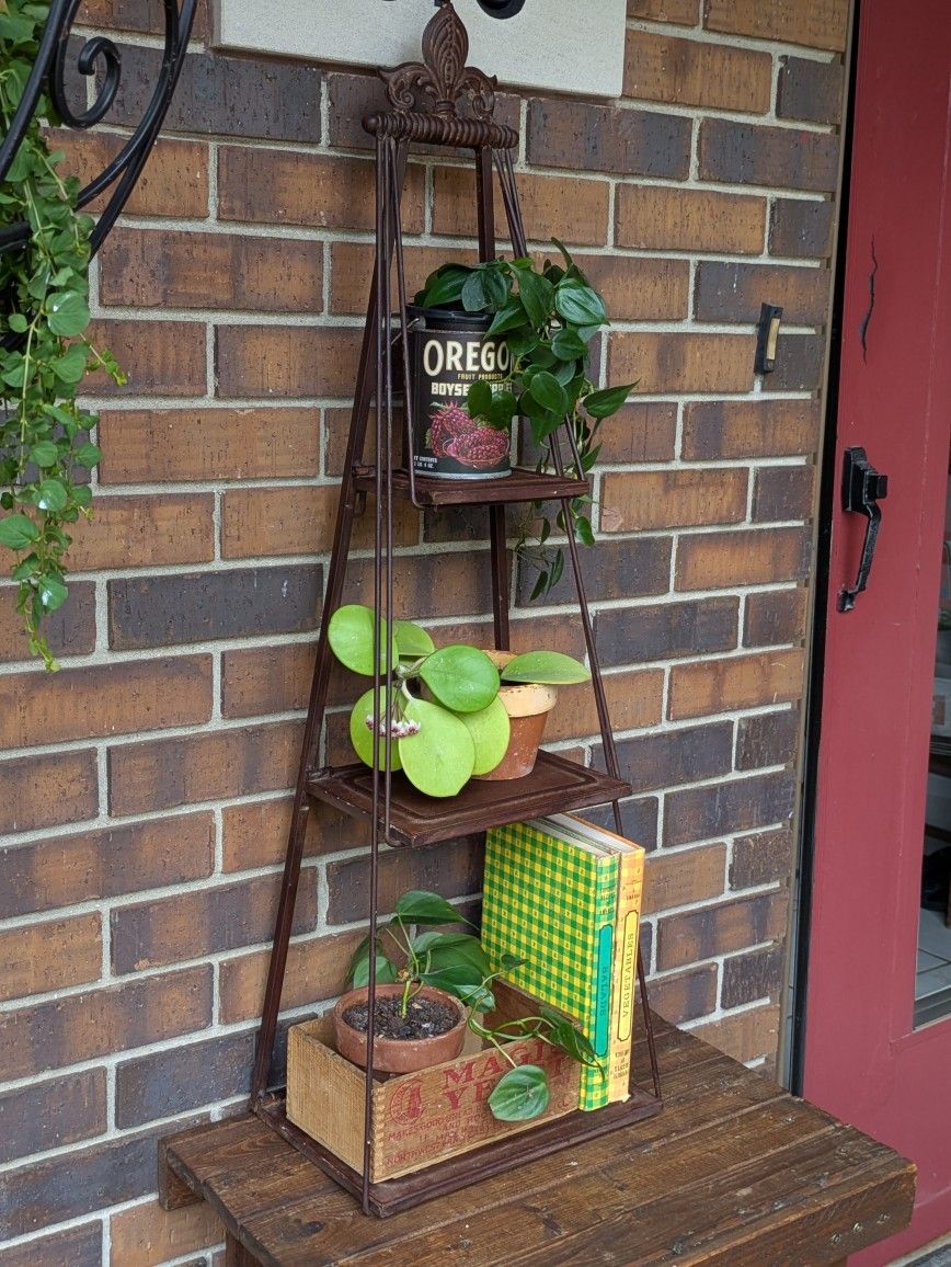 Vintage Metal Three Tiered Hanging or Freestanding Folding Shelf