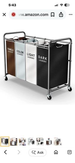 Laundry Hamper Sorter Cart, 4-Section Organizer with Lockable Wheels …
