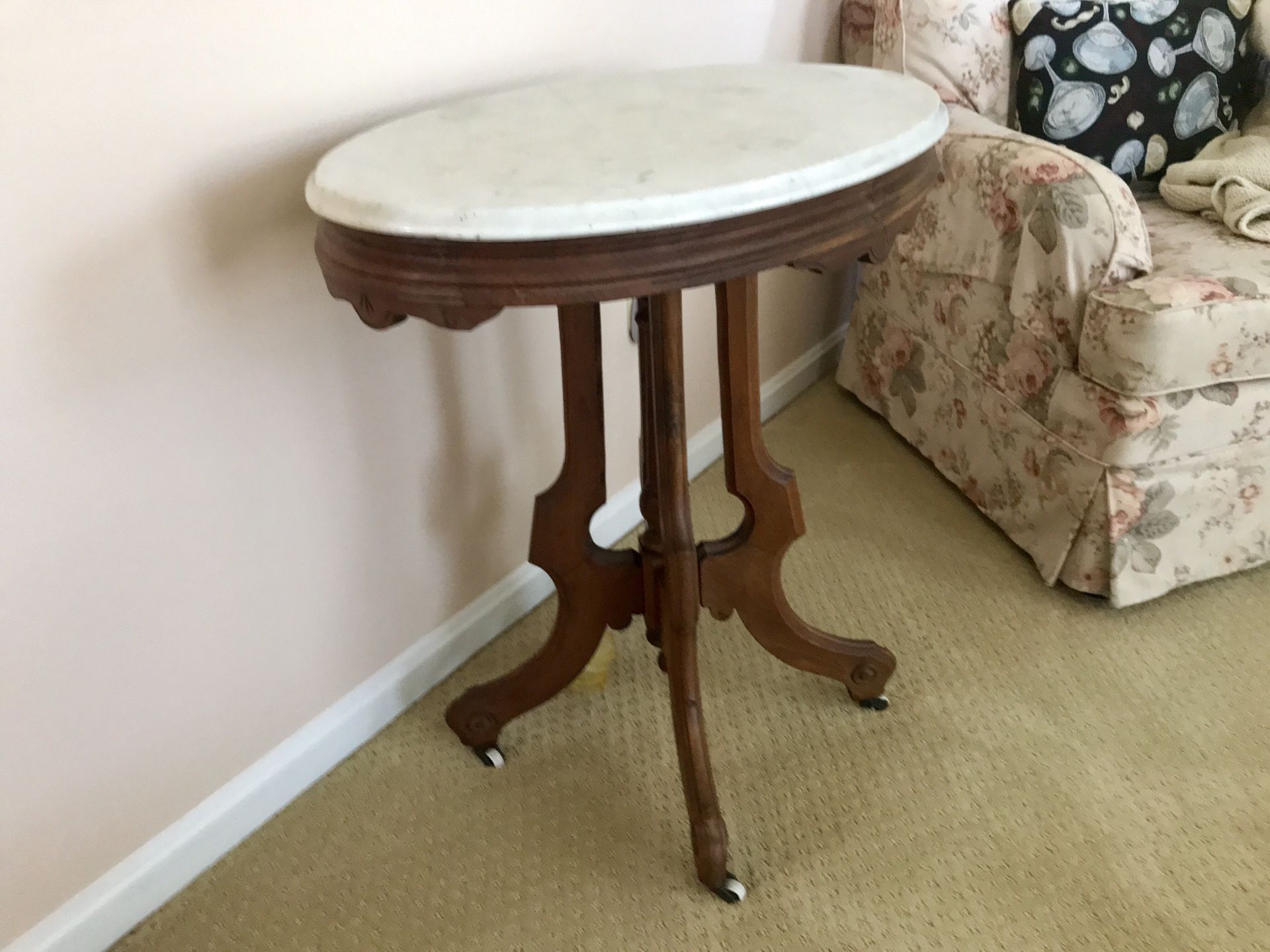 White Marble top oval side table, antique.