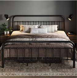 Queen Metal Bed Frame with Victorian Iron-Art Headboard, Black