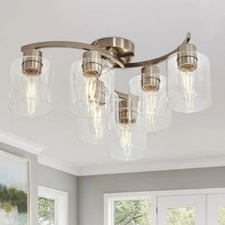 9836: New 6-Light Ceiling Light, Semi Flush Mount Ceiling Light Fixture, Kitchen Lighting Fixtures Ceiling, Brushed Nickel Finish with Clear Glass Sha