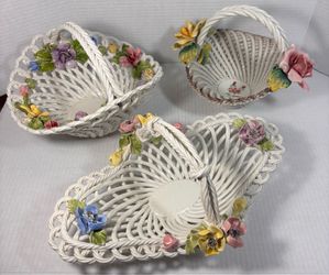 Capodimonte Style Porcelain 3 Baskets Italian woven lattice floral