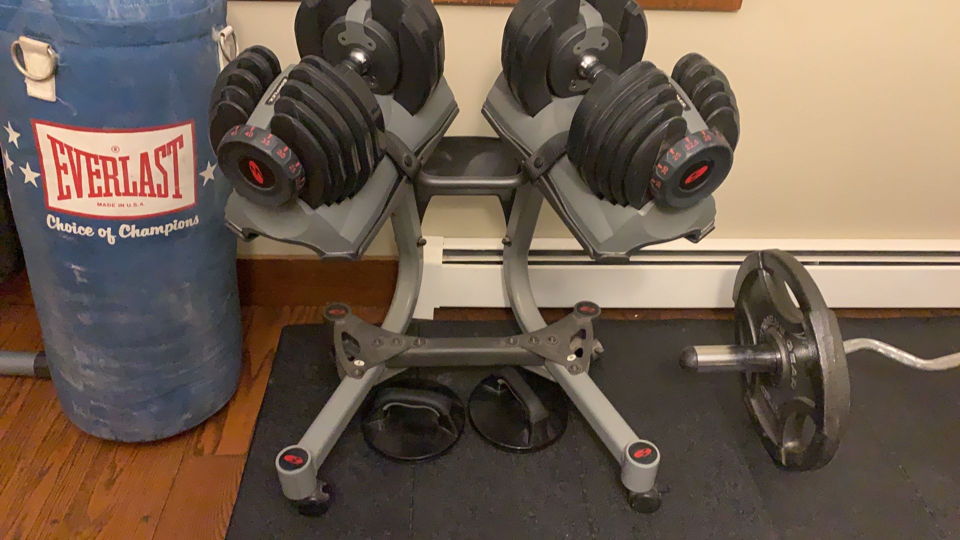 Bowflex 552 dumbbell set with stand on wheels. Check similar listings on eBay, Craigslist, and marketplace, $500-$600 for one (1) dumbbell. This is