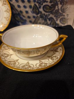 White and Gold Porcelain Bouillon Cup and Saucer