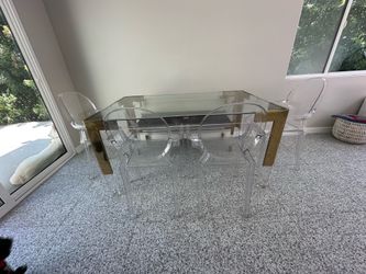 Mid Century Mod Glass/Acrylic Dining Table, Chairs and Bench