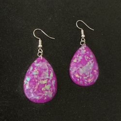 Neon purple faux opal glow teardrop dangle earrings with silver hooks new glitter