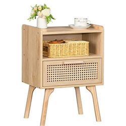 Lerliuo Rattan Nightstand, Boho Side Table with Drawer Open Shelf, Cane Accent Bedside End Table with Solid Wood Legs for Bedroom, Dorm and Small Spa