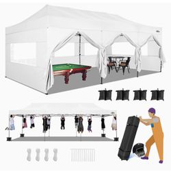 COBIZI 10x30 Heavy Duty Pop up Canopy with 8 sidewalls Stable Wedding Outdoor Tents for Parties Canopy Pop Up Party Tent UPF 50+ Waterproof white